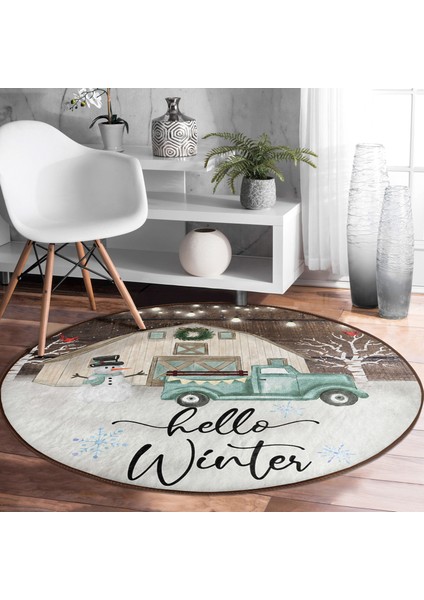 Real Homes Realhomes Kar Temalı Hello Winter Tasarımlı Kahverengi Outdoor Yıkanabilir Kaymaz Tabanlı Yuvarlak Halı fiyatları