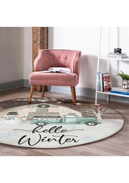 Real Homes Realhomes Kar Temalı Hello Winter Tasarımlı Kahverengi Outdoor Yıkanabilir Kaymaz Tabanlı Yuvarlak Halı fırsatları