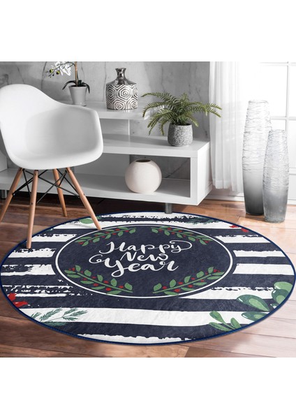 Real Homes Lacivert Çizgili Happy New Year Motifli Dijital Baskılı Modern Outdoor Yıkanabilir Kaymaz Tabanlı Yuvarlak Halı fırsatları