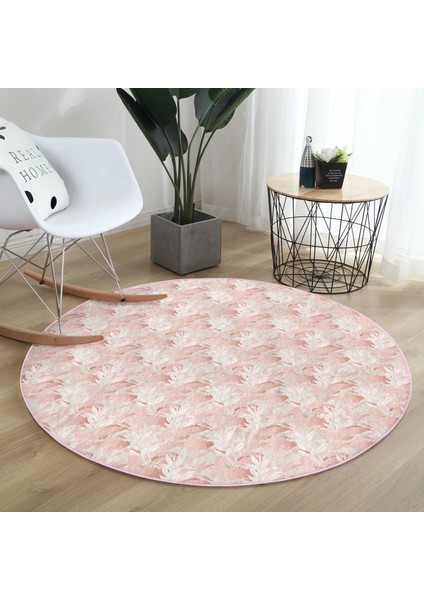 Real Homes Gri Zeminde Pembe Yaprak Motifli Özel Tasarım Salon ve Oturma Odası Yıkanabilir Kaymaz Tabanlı Yuvarlak Halı fırsatları