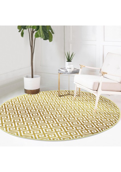 Real Homes Altın Renkli Geometrik Desenli Özel Tasarım Gold Koridor ve Antre Yıkanabilir Kaymaz Tabanlı Yuvarlak Halı fırsatları
