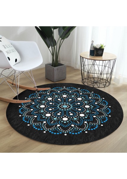 Real Homes Siyah Zeminde Mavi Boncuklu Mandala Salon ve Oturma Odası Yıkanabilir Kaymaz Tabanlı Yuvarlak Halı