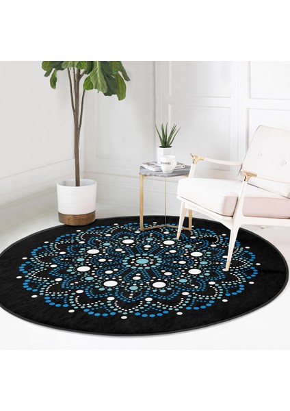 Real Homes Siyah Zeminde Mavi Boncuklu Mandala Salon ve Oturma Odası Yıkanabilir Kaymaz Tabanlı Yuvarlak Halı modelleri
