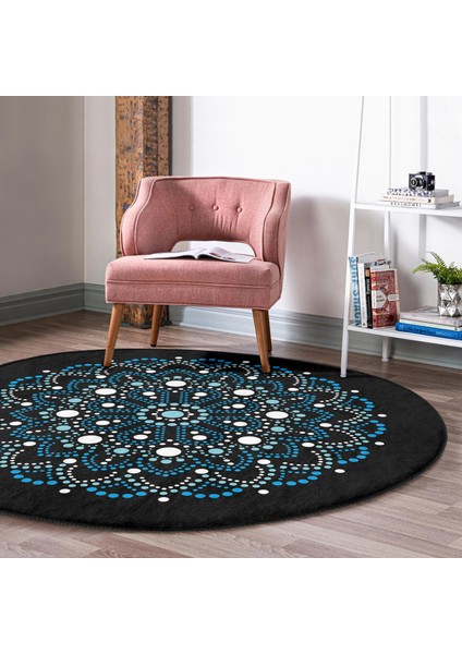 Real Homes Siyah Zeminde Mavi Boncuklu Mandala Salon ve Oturma Odası Yıkanabilir Kaymaz Tabanlı Yuvarlak Halı fırsatları