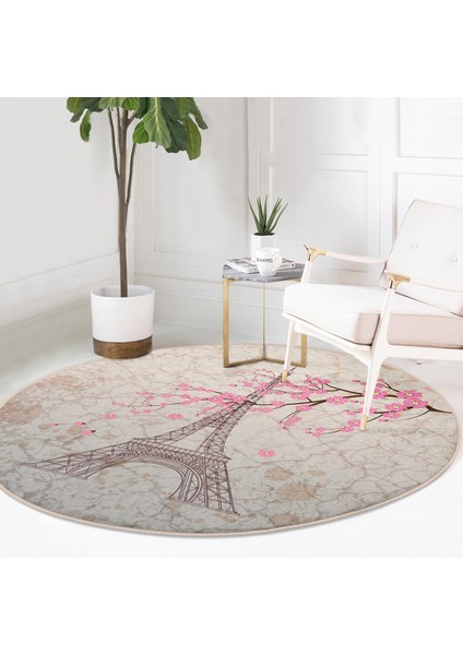 Real Homes Eyfel Kulesi Resimli Dijital Baskılı Krem Salon ve Oturma Odası Yıkanabilir Kaymaz Tabanlı Yuvarlak Halı fiyatları