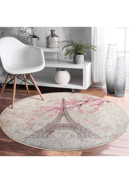 Real Homes Eyfel Kulesi Resimli Dijital Baskılı Krem Salon ve Oturma Odası Yıkanabilir Kaymaz Tabanlı Yuvarlak Halı fırsatları