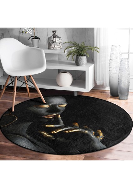 Real Homes Siyahı Kadın Motifli Özel Tasarım Siyah Salon ve Oturma Odası Yıkanabilir Kaymaz Tabanlı Yuvarlak Halı