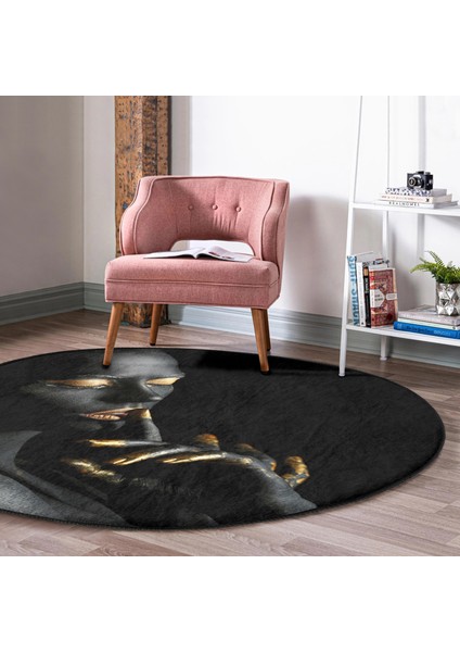 Real Homes Siyahı Kadın Motifli Özel Tasarım Siyah Salon ve Oturma Odası Yıkanabilir Kaymaz Tabanlı Yuvarlak Halı