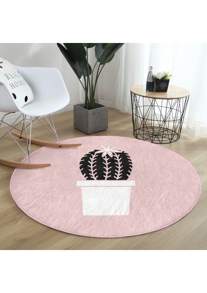 Real Homes Pembe Zemin Kaktüs Motifli Dijital Baskılı Modern Mutfak Yıkanabilir Kaymaz Tabanlı Yuvarlak Halı modelleri