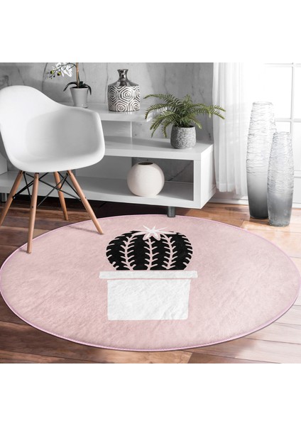 Real Homes Pembe Zemin Kaktüs Motifli Dijital Baskılı Modern Mutfak Yıkanabilir Kaymaz Tabanlı Yuvarlak Halı fırsatları