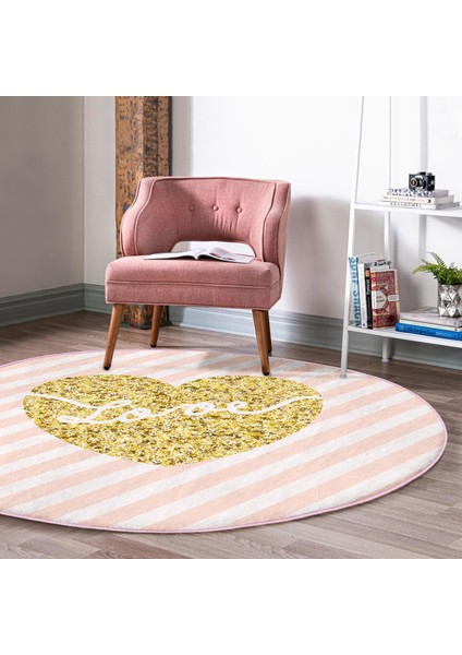 Real Homes Beyaz Zeminde Gold Renkli Love Yazılı Dijital Baskılı Modern Pembe Mutfak Yıkanabilir Kaymaz Tabanlı Yuvarlak Halı fiyatları