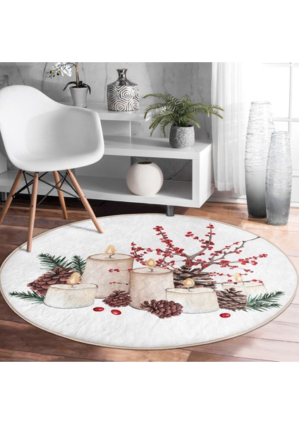 Real Homes Mum ve Kozalak Tasarımlı Christmas Temalı Dijital Baskılı Renkli Mutfak Yıkanabilir Kaymaz Tabanlı Yuvarlak Halı