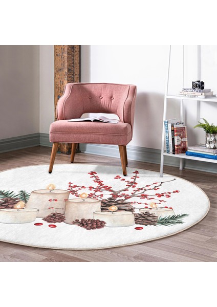 Real Homes Mum ve Kozalak Tasarımlı Christmas Temalı Dijital Baskılı Renkli Mutfak Yıkanabilir Kaymaz Tabanlı Yuvarlak Halı modelleri