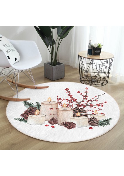 Real Homes Mum ve Kozalak Tasarımlı Christmas Temalı Dijital Baskılı Renkli Mutfak Yıkanabilir Kaymaz Tabanlı Yuvarlak Halı fırsatları
