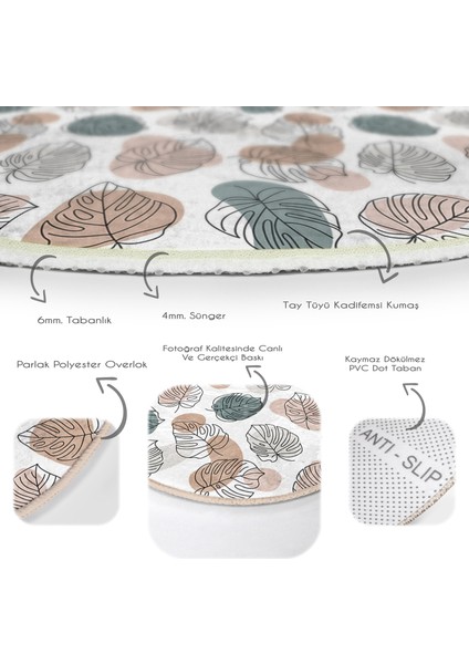 Real Homes Beyaz Zeminli Onedraw Çizimli Yaprak Motifli Dijital Baskılı Modern Kahverengi Salon ve Oturma Odası Kaymaz Tabanlı Yuvarlak Halı