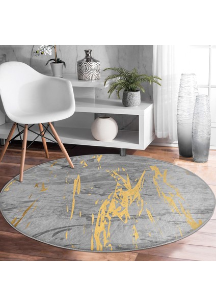 Real Homes Antrasit Zeminde Gold Detaylı Çizim Desenli Dijital Baskılı Modern Gri Salon ve Oturma Odası Kaymaz Tabanlı Yuvarlak Halı