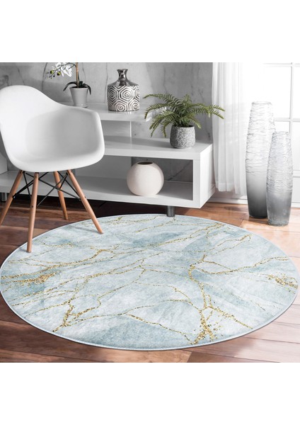 Real Homes Altın Çizgili Mavi Zeminli Dijital Baskılı Lacivert Salon ve Oturma Odası Yıkanabilir Kaymaz Tabanlı Yuvarlak Halı fiyatları