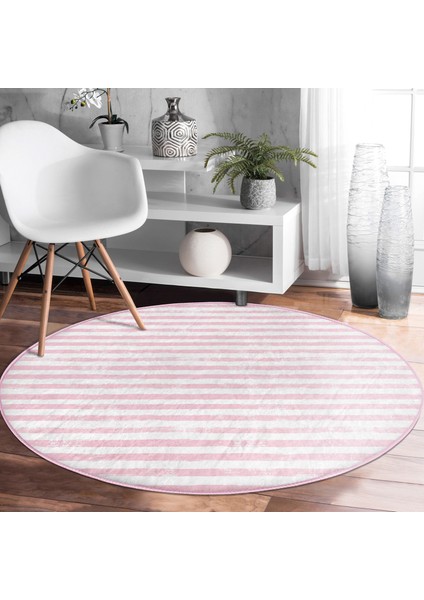 Real Homes Realhomes Pembe Çizgili Motifli Modern Salon ve Oturma Odası Yıkanabilir Kaymaz Tabanlı Yuvarlak Halı modelleri
