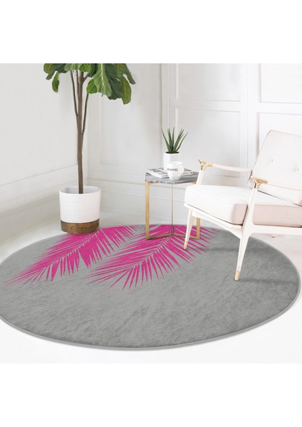 Real Homes Fuşya Yaprak Motifli Dijital Baskılı Pembe Salon ve Oturma Odası Yıkanabilir Kaymaz Tabanlı Yuvarlak Halı