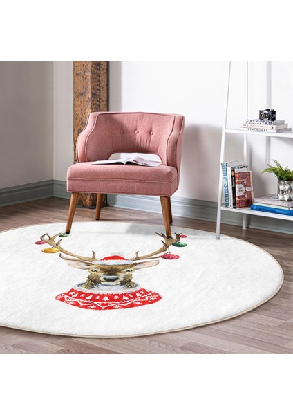 Real Homes Modern Geyik Desen Dijital Baskılı Bordo Salon ve Oturma Odası Yıkanabilir Kaymaz Tabanlı Yuvarlak Halı fırsatları