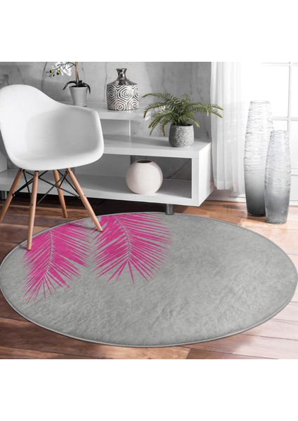 Real Homes Fuşya Yaprak Motifli Dijital Baskılı Pembe Salon ve Oturma Odası Yıkanabilir Kaymaz Tabanlı Yuvarlak Halı