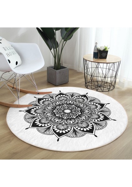 Real Homes Beyaz Zeminde Çiçek Mandala Desenli Siyah Salon ve Oturma Odası Yıkanabilir Kaymaz Tabanlı Yuvarlak Halı