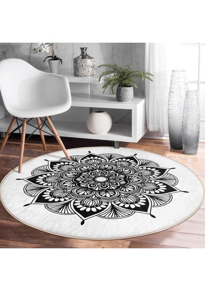 Real Homes Beyaz Zeminde Çiçek Mandala Desenli Siyah Salon ve Oturma Odası Yıkanabilir Kaymaz Tabanlı Yuvarlak Halı