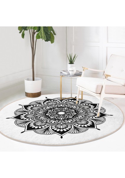 Real Homes Beyaz Zeminde Çiçek Mandala Desenli Siyah Salon ve Oturma Odası Yıkanabilir Kaymaz Tabanlı Yuvarlak Halı