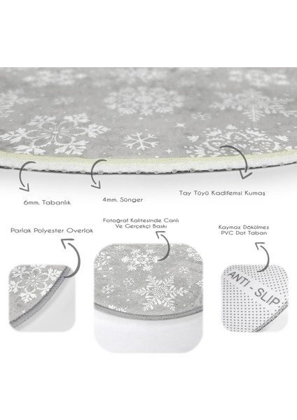 Real Homes Realhomes Gri Zeminli Kar Taneleri Temalı Modern Tasarım Mutfak Yıkanabilir Kaymaz Tabanlı Yuvarlak Halı