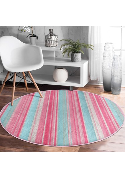 Real Homes Pembe Mavi Düz Çizgiler Özel Tasarım Salon ve Oturma Odası Yıkanabilir Kaymaz Tabanlı Yuvarlak Halı fiyatları