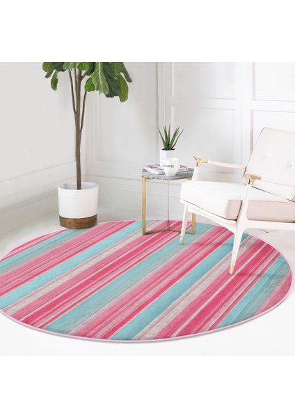 Real Homes Pembe Mavi Düz Çizgiler Özel Tasarım Salon ve Oturma Odası Yıkanabilir Kaymaz Tabanlı Yuvarlak Halı modelleri
