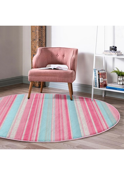 Real Homes Pembe Mavi Düz Çizgiler Özel Tasarım Salon ve Oturma Odası Yıkanabilir Kaymaz Tabanlı Yuvarlak Halı fırsatları