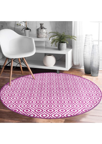 Real Homes Özel Tasarım Mor Ikat Desenli Dijital Baskılı Pembe Salon ve Oturma Odası Yıkanabilir Kaymaz Tabanlı Yuvarlak Halı