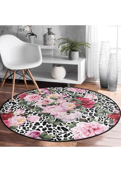 Real Homes Leopar Temalı Kanaviçe Desenli Dijital Baskılı Pembe Salon ve Oturma Odası Yıkanabilir Kaymaz Tabanlı Yuvarlak Halı