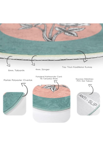 Real Homes Realhomes Turkuaz Pudra Zeminli Gül Motifli Pembe Banyo Yıkanabilir Kaymaz Tabanlı Yuvarlak Kadife Halı