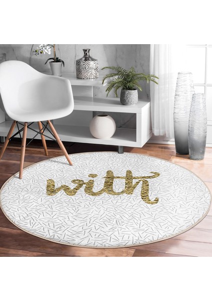 Real Homes Beyaz Zeminli Gold Renkli With Yazılı Dijital Baskılı Modern Mutfak Yıkanabilir Kaymaz Tabanlı Yuvarlak Halı