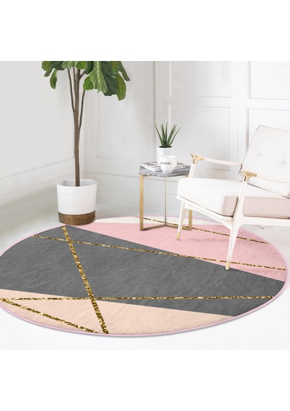 Real Homes Pastel Zeminde Gold Renkli Modern Çizgili Dijital Baskılı Gri Yatak Odası Yıkanabilir Kaymaz Tabanlı Yuvarlak Halı