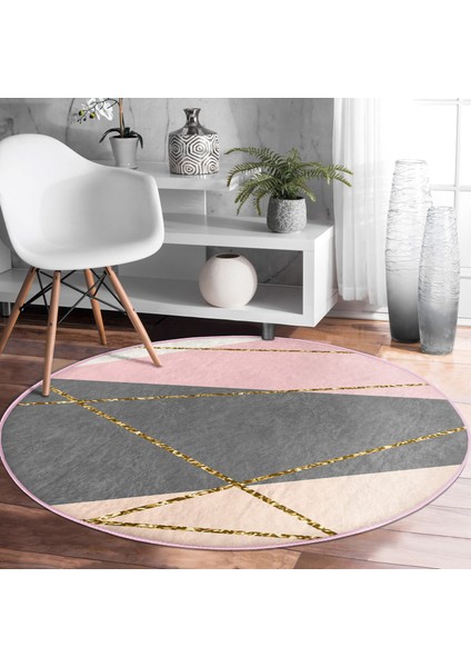 Real Homes Pastel Zeminde Gold Renkli Modern Çizgili Dijital Baskılı Gri Yatak Odası Yıkanabilir Kaymaz Tabanlı Yuvarlak Halı modelleri