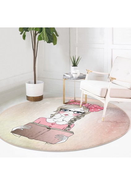 Real Homes Realhomes Fashion Girl Dijital Baskılı Modern Pembe Ofis Yıkanabilir Kaymaz Tabanlı Yuvarlak Kadife Halı