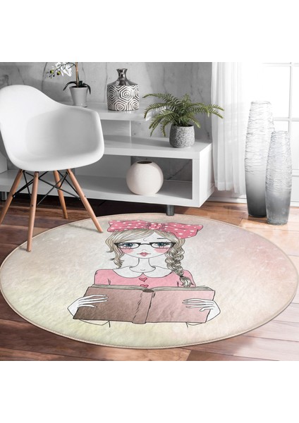Real Homes Realhomes Fashion Girl Dijital Baskılı Modern Pembe Ofis Yıkanabilir Kaymaz Tabanlı Yuvarlak Kadife Halı modelleri