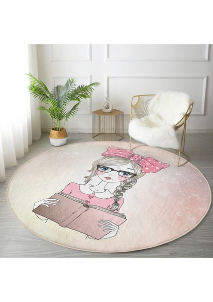 Real Homes Realhomes Fashion Girl Dijital Baskılı Modern Pembe Ofis Yıkanabilir Kaymaz Tabanlı Yuvarlak Kadife Halı fırsatları