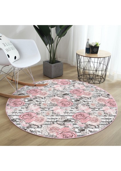 Real Homes Gri Çizgi Desenli Kanaviçe Çiçek Motifli Pembe Salon ve Oturma Odası Yıkanabilir Kaymaz Tabanlı Yuvarlak Halı fiyatları