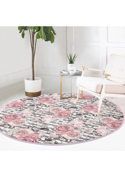 Real Homes Gri Çizgi Desenli Kanaviçe Çiçek Motifli Pembe Salon ve Oturma Odası Yıkanabilir Kaymaz Tabanlı Yuvarlak Halı fırsatları