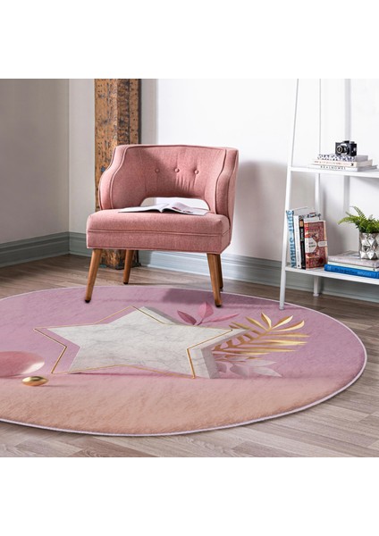 Real Homes Modern Pembe Zeminli 3D Yıldız Desenli Salon ve Oturma Odası Yıkanabilir Kaymaz Tabanlı Yuvarlak Halı