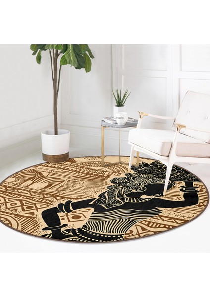 Real Homes Etnik Desen Zeminli Afrika Kadın Motifli Kahverengi Outdoor Yıkanabilir Kaymaz Tabanlı Yuvarlak Halı