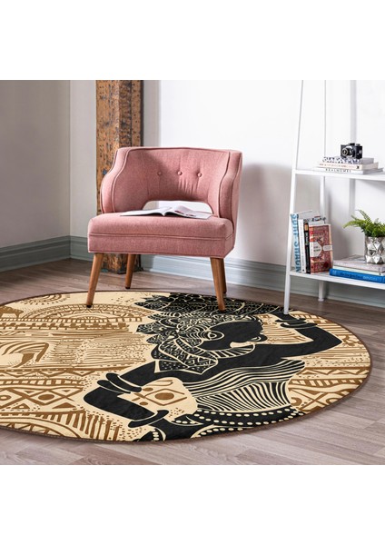 Real Homes Etnik Desen Zeminli Afrika Kadın Motifli Kahverengi Outdoor Yıkanabilir Kaymaz Tabanlı Yuvarlak Halı fiyatları