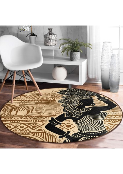 Real Homes Etnik Desen Zeminli Afrika Kadın Motifli Kahverengi Outdoor Yıkanabilir Kaymaz Tabanlı Yuvarlak Halı modelleri