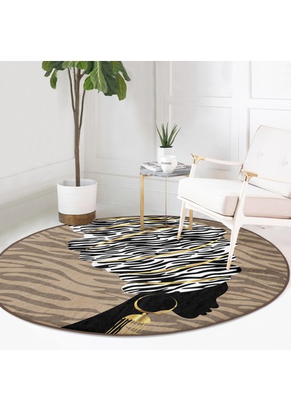 Real Homes Vizon Zeminde Zenci Kadın Tasarımlı Modern Kahverengi Salon ve Oturma Odası Yıkanabilir Kaymaz Tabanlı Yuvarlak Halı