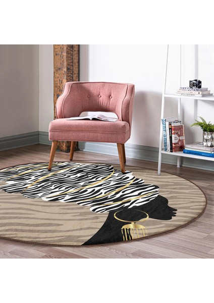 Real Homes Vizon Zeminde Zenci Kadın Tasarımlı Modern Kahverengi Salon ve Oturma Odası Yıkanabilir Kaymaz Tabanlı Yuvarlak Halı fiyatları