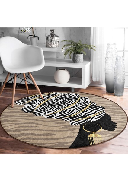 Real Homes Vizon Zeminde Zenci Kadın Tasarımlı Modern Kahverengi Salon ve Oturma Odası Yıkanabilir Kaymaz Tabanlı Yuvarlak Halı modelleri